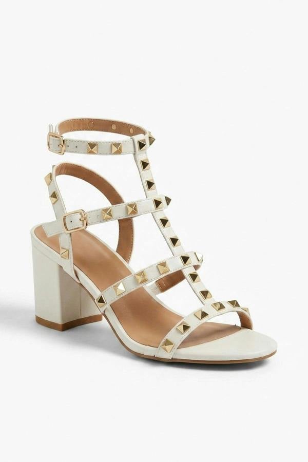 Edie Studded T Bar Block Sandals - White