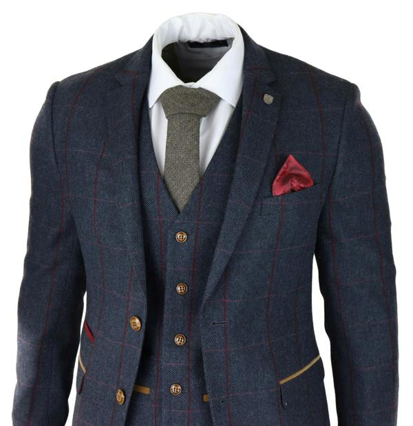 Paul Andrew Mens Herringbone Tweed Suit 3 Piece Navy Blue Peaky Blinders 1920s Tailored Fit