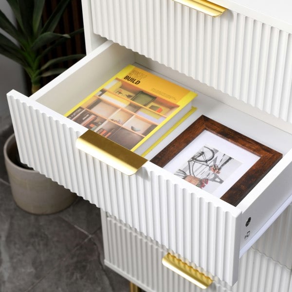 MMT Furniture Designs White Gloss Chest of Drawers, Gold Handles & Legs, 5 Drawer