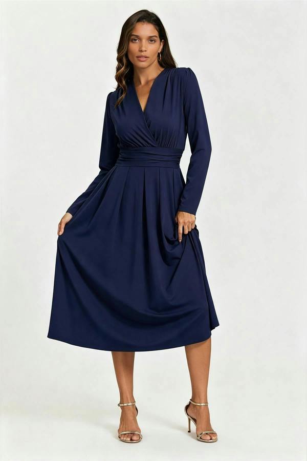 FS Collection Jersey Long Sleeve Midi Dress In Navy