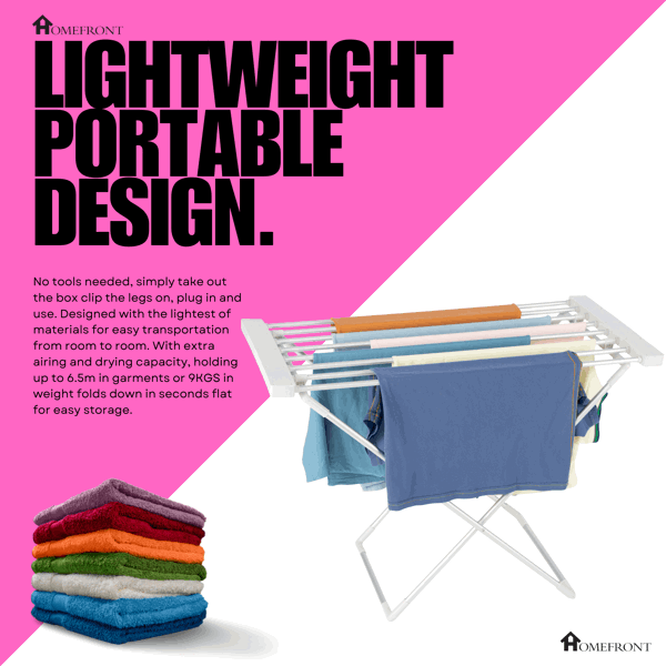 Homefront Electric Heated Clothes Horse Rail Airer Dryer 130W - Indoor Portable Free Standing - Energy Efficient, Low Energy