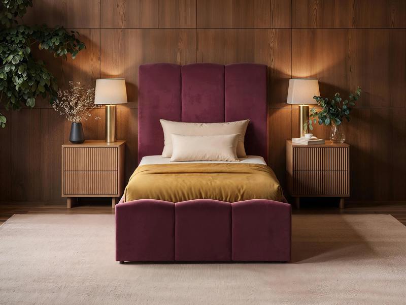 Enrica Upholstered Bed Frame with Padded Statement Headboard Burgundy Single