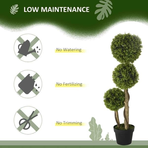 Artificial boxwood ball topiary tree set with three green spheres, black planter pot