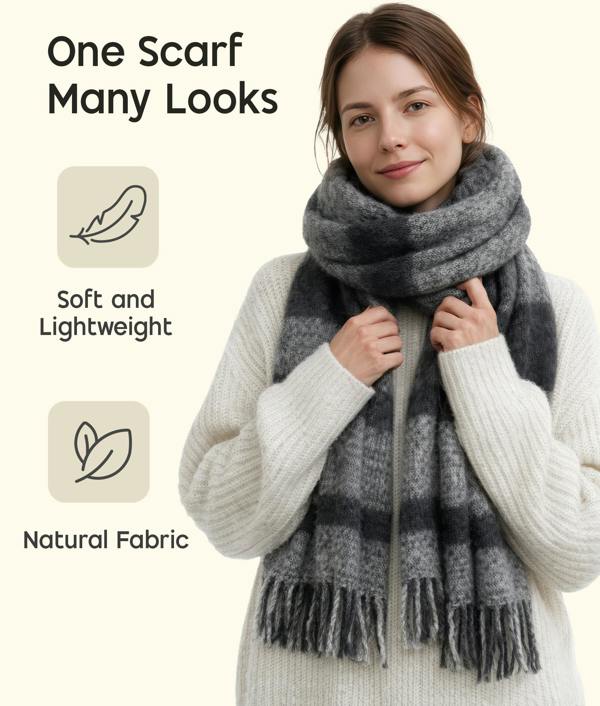 VIA MONTEN Women’s Faux Mohair Scarf, Oversized Winter Scarf Wrap, Soft Plush Long Shawl for Cold Weather Styling