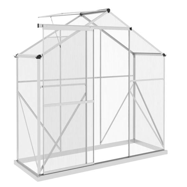 Walk-in greenhouse with clear twin-wall polycarbonate panels and silver aluminum frame