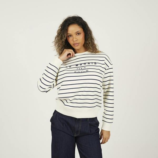 Brave Soul Navy Stripe Embroidered Crew Neck Sweatshirt - Navy Image 1