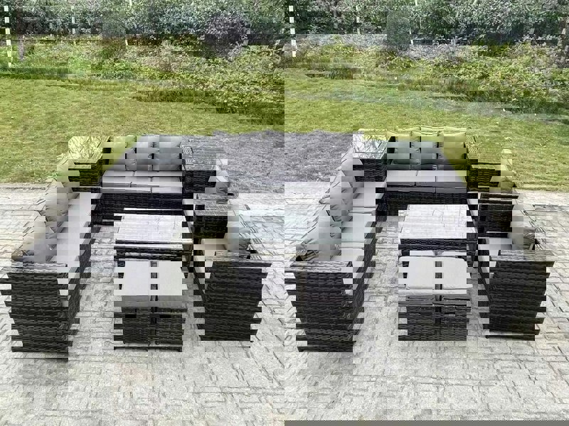 Fimous Outdoor Rattan Garden Furniture Lounge Sofa Set With Oblong Rectagular Coffee Table 2 PC Arm Chair 2 Side Coffee Table 2 Stools