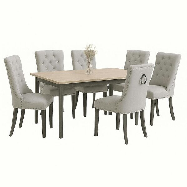 Neo Set of Six Grey Studded Velvet Dining Table Chairs with Ring Knocker Detail