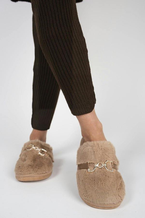 Noelia Faux Fur Slip-on Slippers With Gold Chain Detail - Mocha