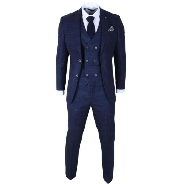 Infinity Leather Men's Blue Plaid Check 3 Piece Slim Fit Formal Wedding Suit