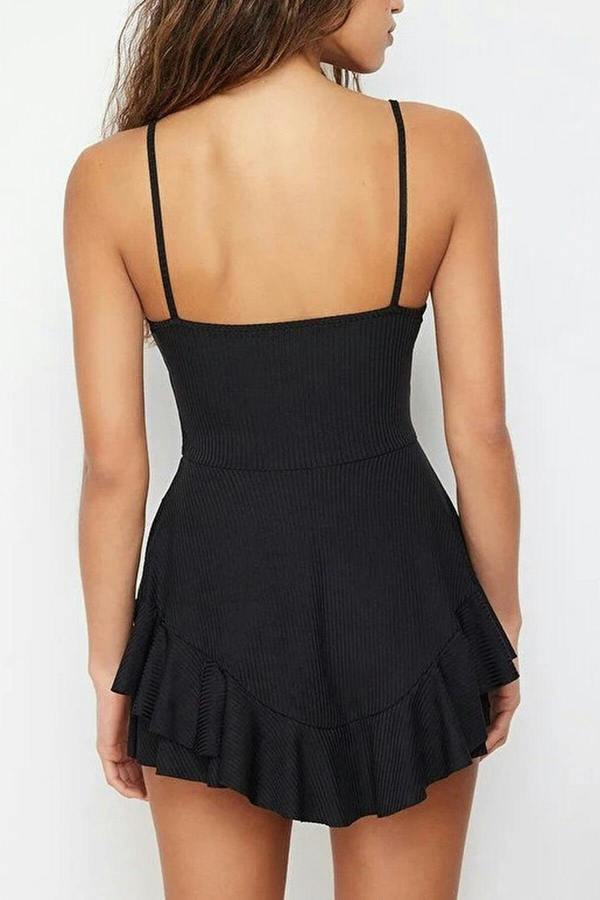 WOVCOR Strappy Ruffled Shorts Mini Knitted Playsuıt