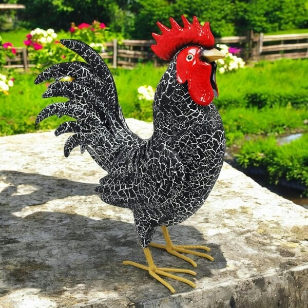 EDH Door Hardware Large Metal Black Cockerel (44cm x 16cm x 36cm) – Handcrafted Rustic Rooster Garden Ornament Farmyard Statue