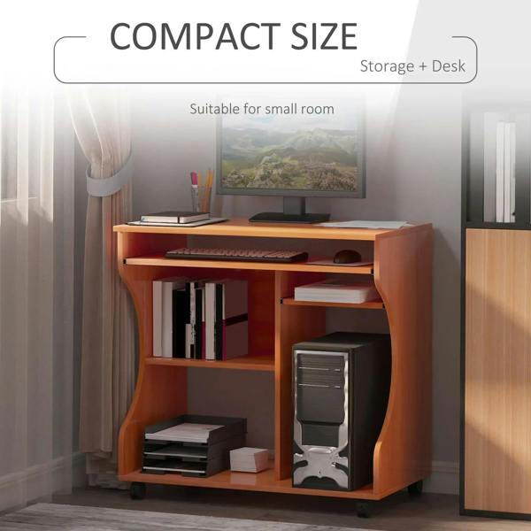 Cherry wood compact storage desk with open shelves and rolling base, small-space style