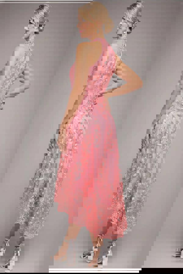 Halter Neck Lace High And Low Dress - Coral DR3346M