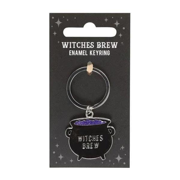 Cauldron enamel keyring with purple glowing brew charm on silver metal ring