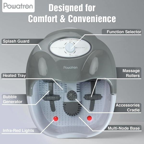 Powatron Foot Spa with Complete Pedicure Set - Electric Foot Bath Spa Massager Vibrating Massage Rollers Infrared Lights