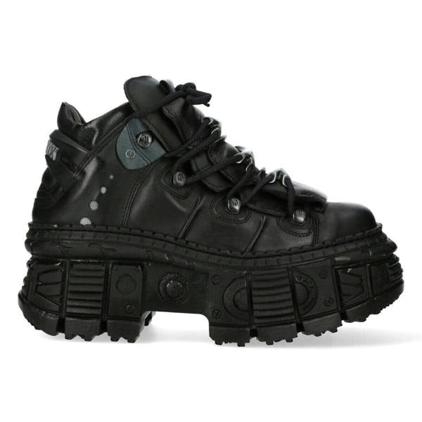 New Rock Metallic Ankle Black Leather Boots-WALL106-S12
