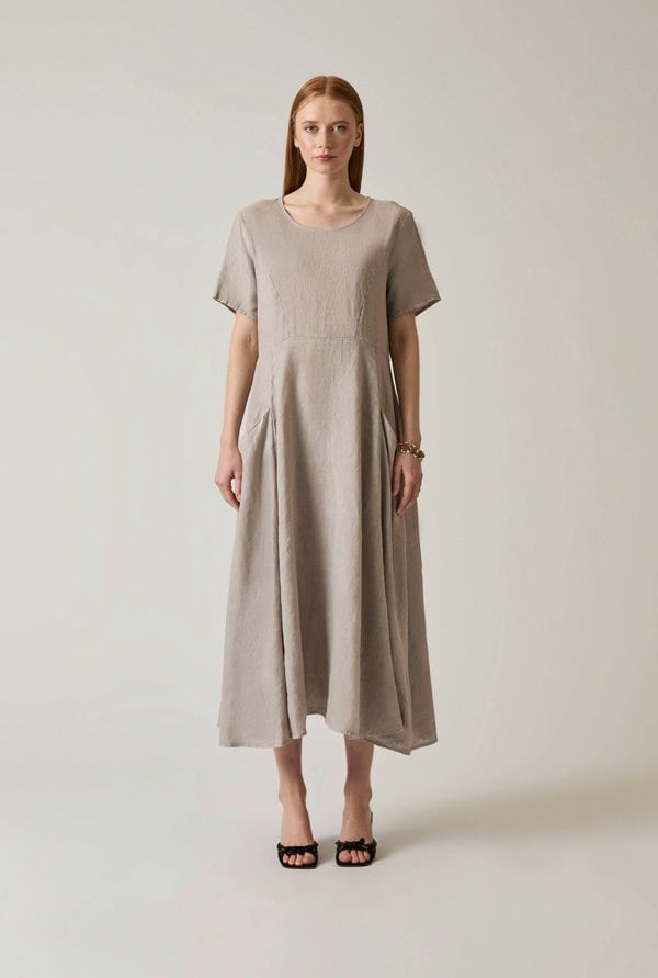 Taupe linen midi dress with pockets