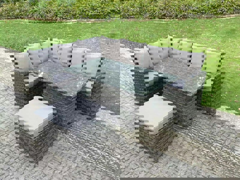 Fimous 7 Seater?Outdoor Rattan High Back Adjustable Rising Lifting Dining Table Corner Sofa Set Garden Furniture Dark Grey Mixed Left Hand
