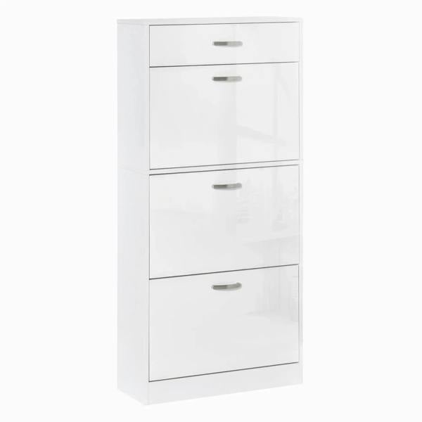 White high-gloss shoe cabinet with three flip drawers and top drawer, front handles