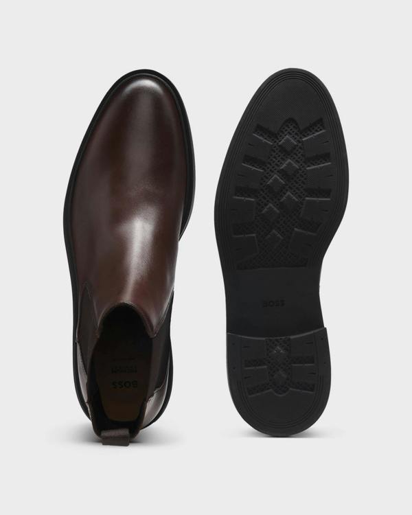 BOSS Orange Calev Mens Chelsea boots in polished leather with signature stitching - Dark Brown 201 | CHO | Designer Footwear,Mens Footwear,Boots,Short Boots