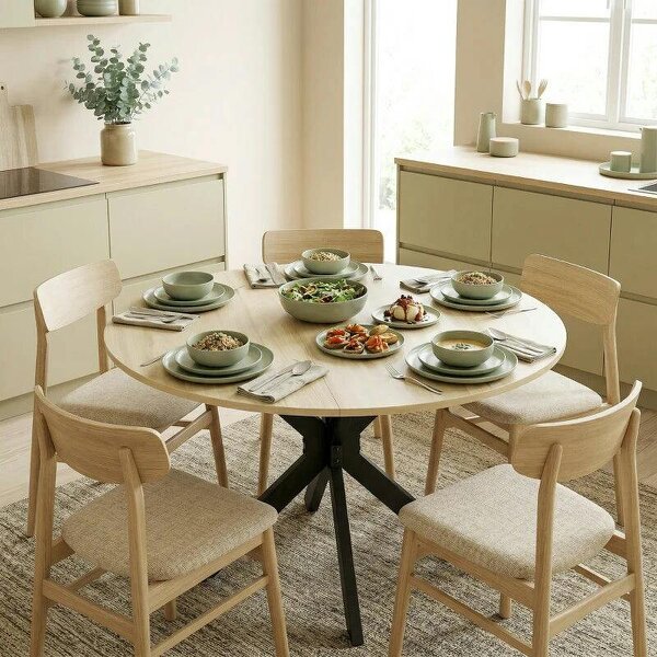 Folding Dining Table, Drop Leaf Table with Adjustable Feet, Natural Wood Finish