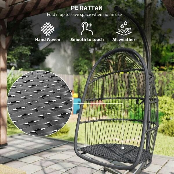 Bobobiy Rattan Hanging Egg Chair with Stand, Foldable Wicker Swing Egg Chair with Cushion, Steel Frame, Hammock Chair, Capacity 150 kg, Dark Grey