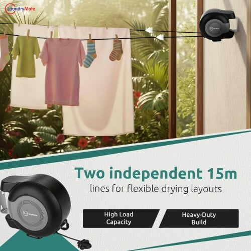 Laundry Mate Retractable Washing Line with 30M Drying Space – Twin Pull-Out Clothes Line for Indoor & Outdoor Use