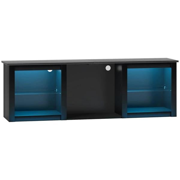 Black TV stand with LED-lit open shelves and central cabinet storage compartments