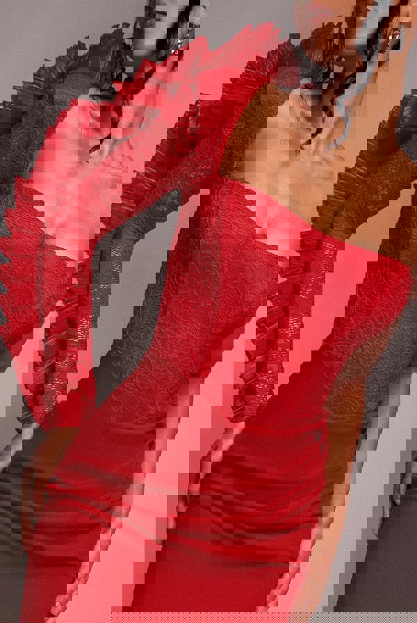 One Shoulder Organza  Fan Detail Lace Bodice Midi Dress - Red DR4607