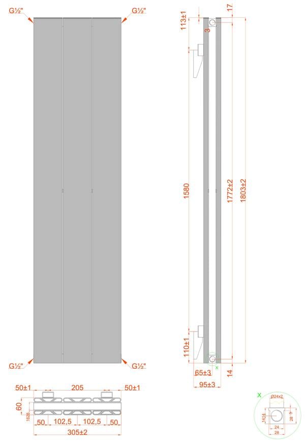 MYHOMEWARE 305mm x 1800mm Double Aluminium Panel Radiator in Anthracite Grey - Model Lena - Wall-mounted