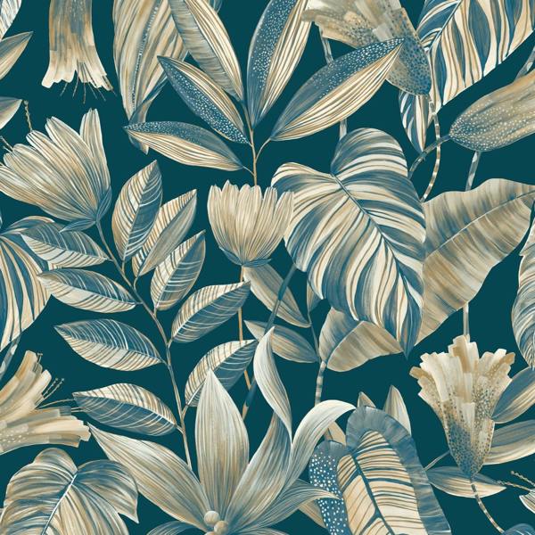 Grandeco Boutique Merida Botanical Leaves Luxury Weight Embossed Wallpaper, Blue