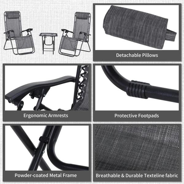 Zero-gravity lounge chair features: detachable pillows, footpads, and breathable textilene fabric