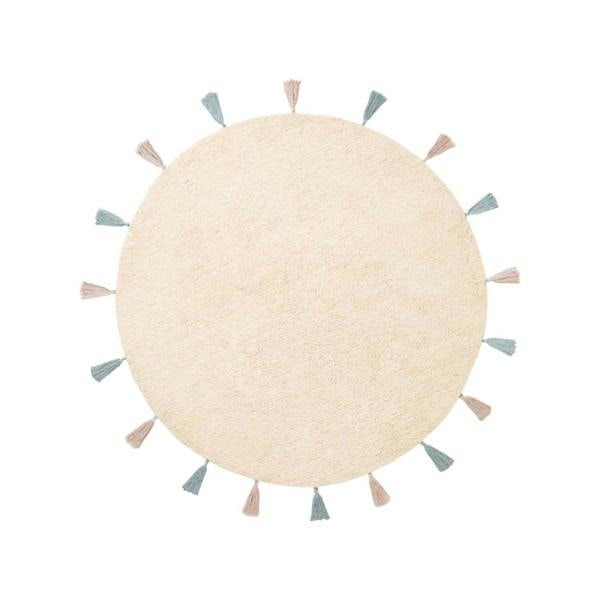 Round beige rug with colorful tassels on a white background