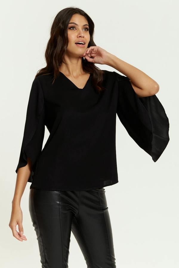 Hoxton Gal Oversized V Neck Top with Split Sleeves in Black