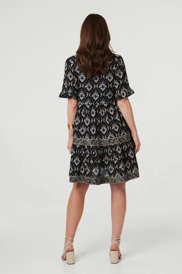 Navy | Printed 1/2 Flared Sleeve Short Dress