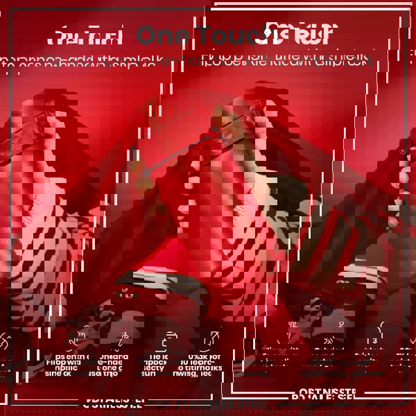 A red, stainless steel water bottle is held; its flip top opens one-handed. The bottle is displayed against a red background.