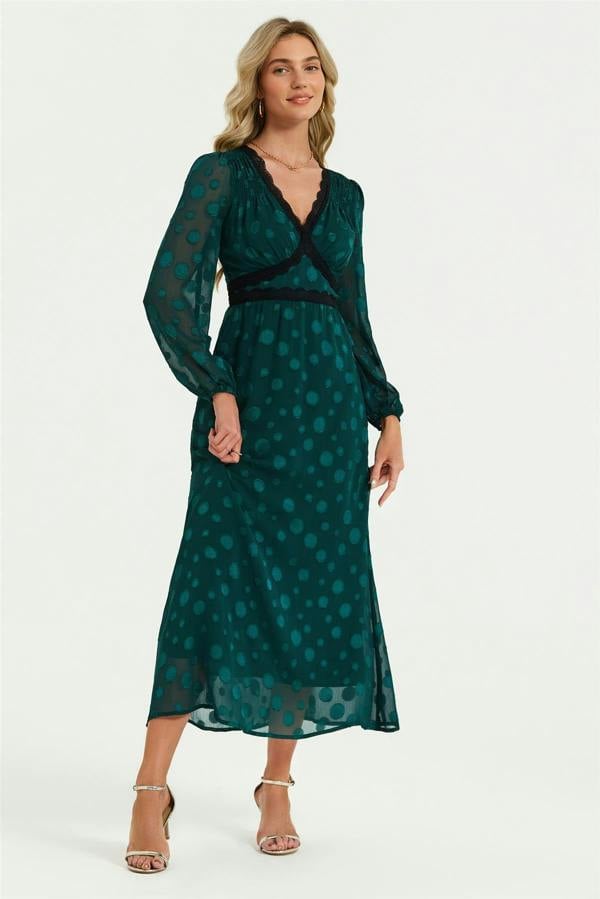 FS Collection Long Sleeve Dot Jacquard Lace Trim Maxi Dress In Green