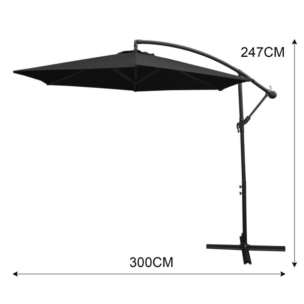 Black cantilever parasol with a sturdy base, featuring a spacious 300cm canopy for ample shade in outdoor settings