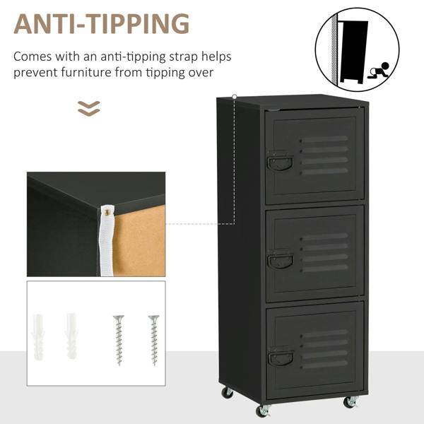 Black cabinet with anti-tipping strap and three louvered metal doors on casters.