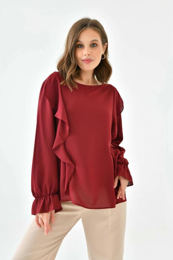 Hoxton Gal Oversized Frilled Front Blouse with Detailed Cuffs in Burgundy