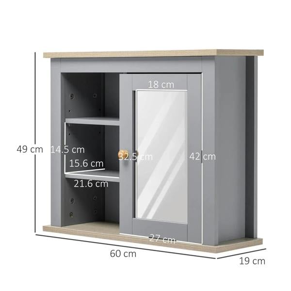 Grey wall mirror cabinet with door and open compartments; size labels shown