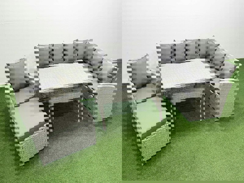 Fimous Rattan Garden Furniture Set Outdoor 8 Seater Patio Dining Corner Sofa Sets with Dining Table Chair Big Footstool Light Grey Mixed