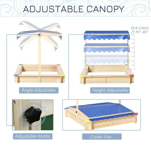Kids wooden sand pit with adjustable height and angle blue canopy and bench seating