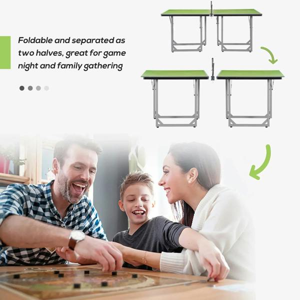 Foldable ping pong table that separates into two halves for compact storage and play.