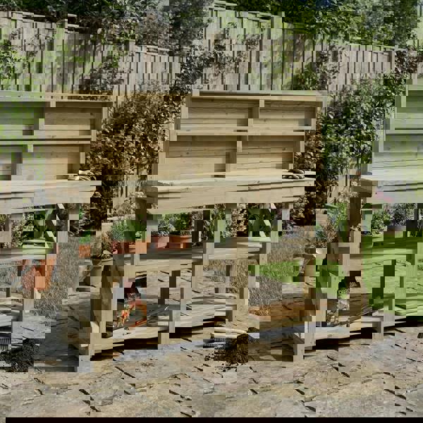 Arbor Garden Solutions Indoor/outdoor workbench, pressure treated bench with back panel and double shelf