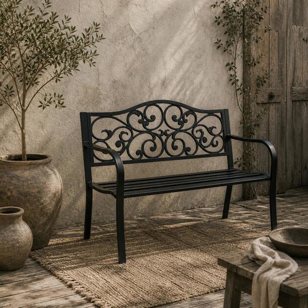 Wyld Haus Faneso Metal Black Garden Bench With Floral Backrest And Armrests