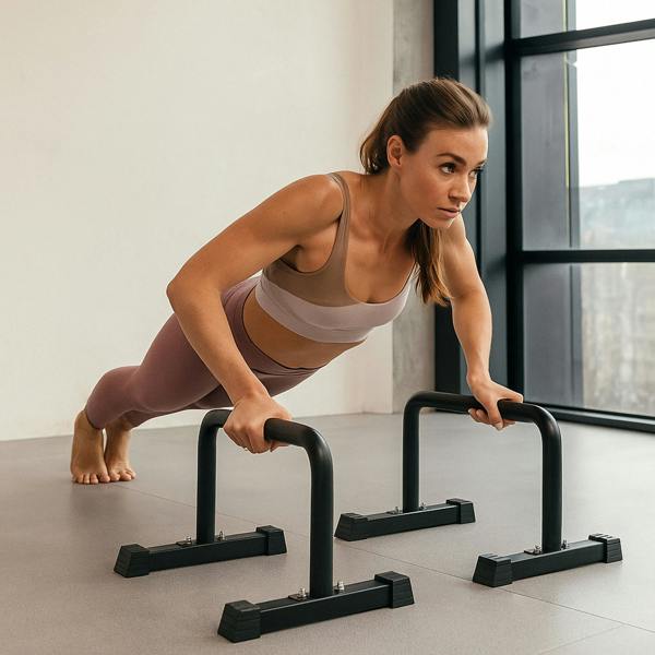 Large parallettes in black, used by a woman in a workout, showcasing strength and stability on a modern gym floor