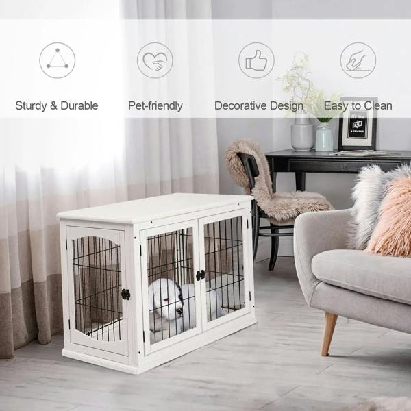 White dog crate end table with two front doors and small dog inside