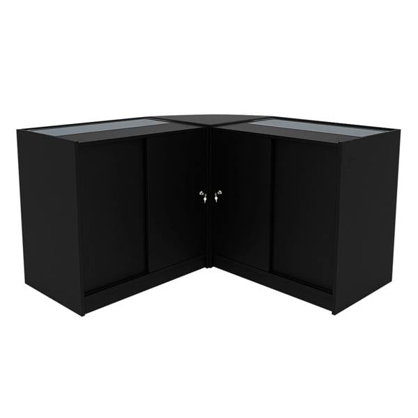 Black Selene LED shop counter set with two C900 display cabinets, featuring sleek design, glass tops, and spacious storage compartments